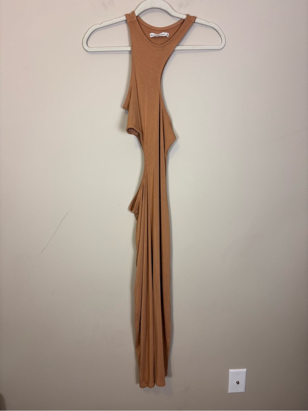 Abercrombie & Fitch Tan Ribbed Cut Out Midi Bodycon Dress in Camel XS
